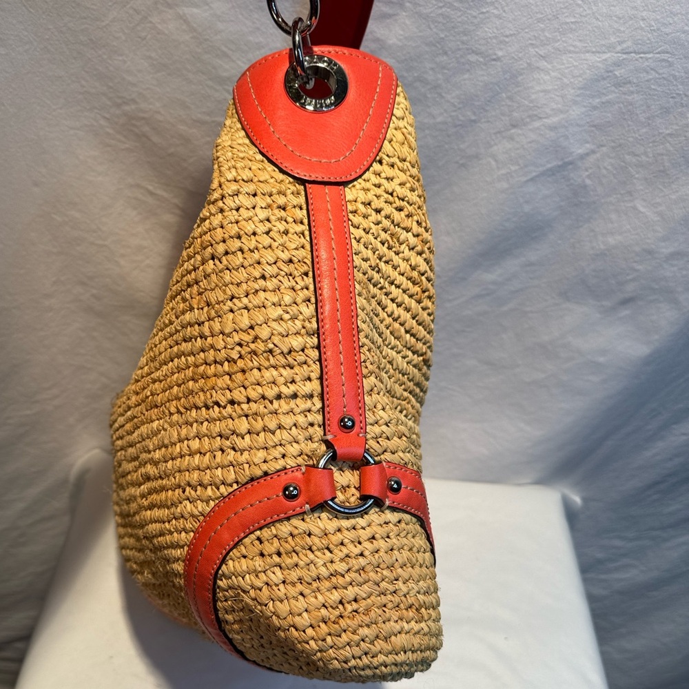 Vintage Coach Large Raffia Hobo Straw/Leather Bag with Coral Trim - Picture 5 of 16